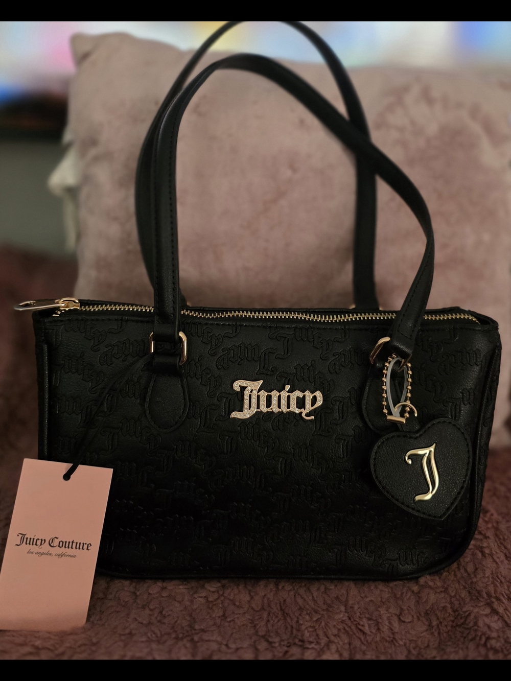 Juicy Couture Black Embossed Logo Shoulder Bag with Heart Charm